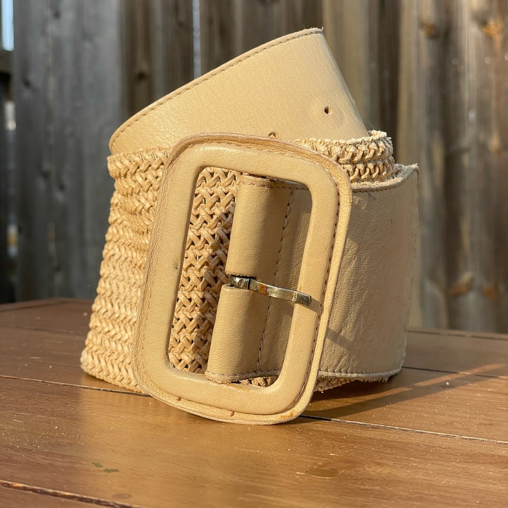 French Connection Tan Braided Leather Belt with Rectangular Buckle
